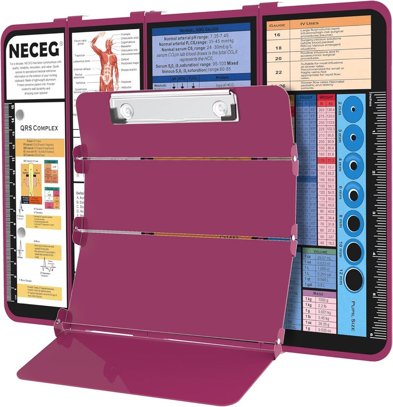 NECEG Nursing Clipboard Foldable-4 Layers Aluminum Nurse Foldable Clipboard Nursing Medical Edition Cheat Sheets, Pocket Size Pen Clip for Nurses Students School and Doctors- Wine - Image 1